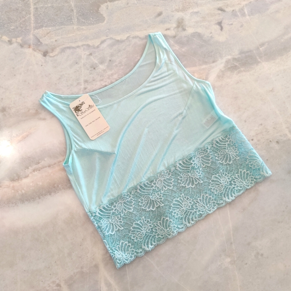 NWT Knit Silk Cropped Tank Top with Lace Panel- Aqua
